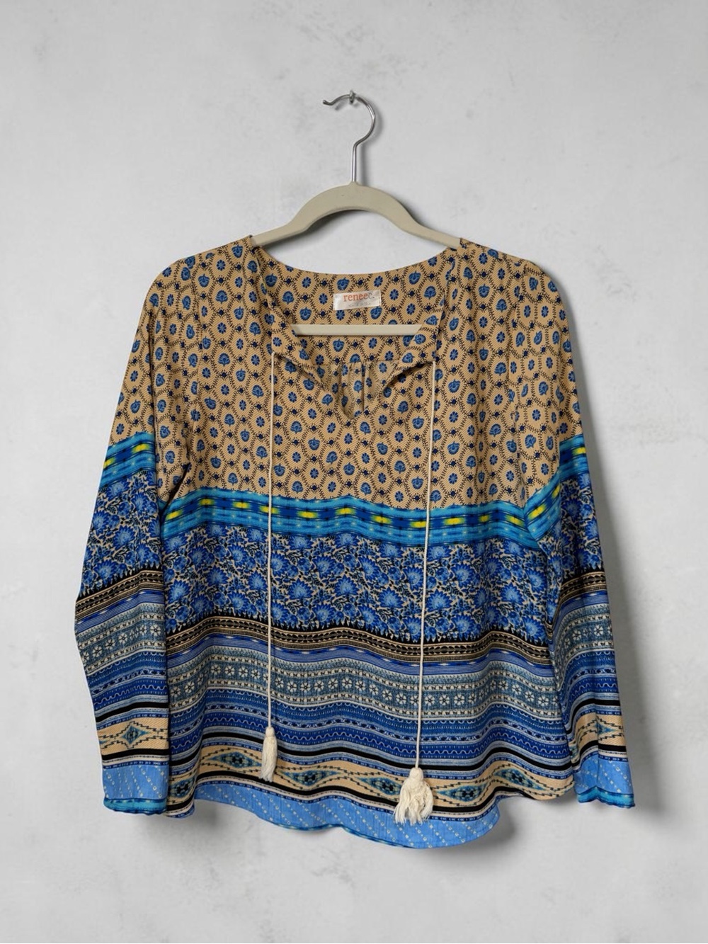 Renee C. Costal Grandma Office Wear Boho Western Blue and Tan Tunic size Small